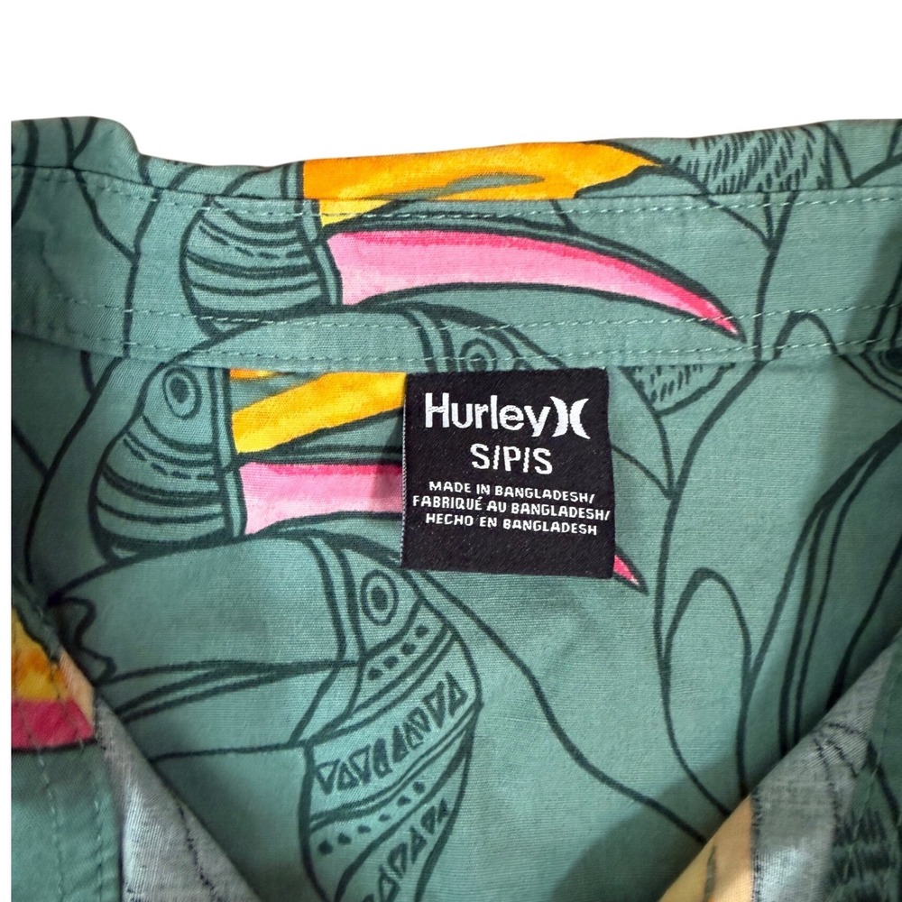 Hurley Mens SM Toucan Bird Print Button-Down Shirt Green Short Sleeve Tropical - Picture 4 of 10